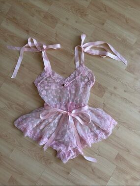 Pulling All Nighters Mesh Romper Sheer Pink Heart Lace Teddy with Satin Ties
